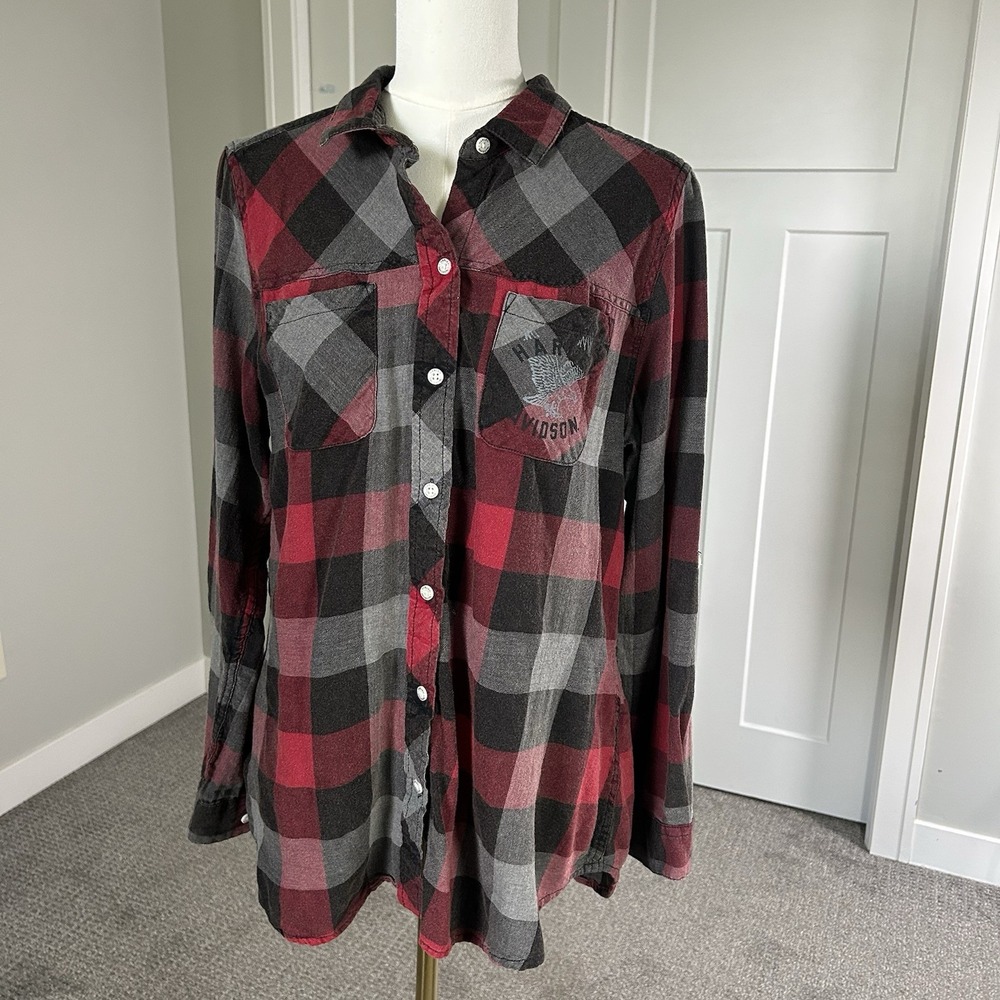Harley Davidson Womens XL Plaid Flannel Shirt Red Black Eagle Roll Tab Biker